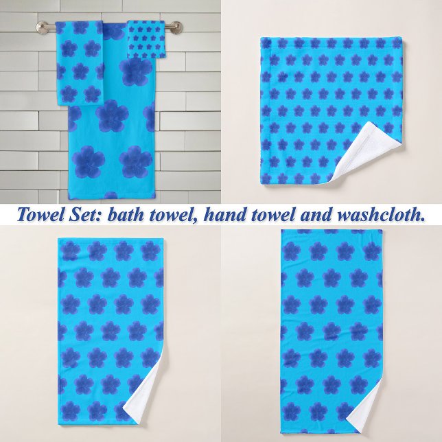 Moss Rose Flower Seamless Pattern on Light Blue Bath Towel Set (Moss Rose flower seamless pattern on bath towel set: wash cloth, hand towel and bath towel)