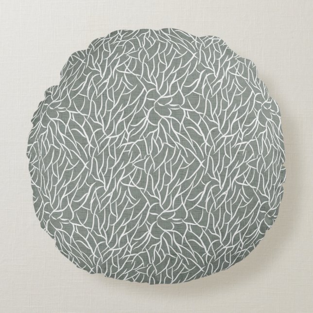 Moss sage green boho bare coral branches  round cushion (Front)