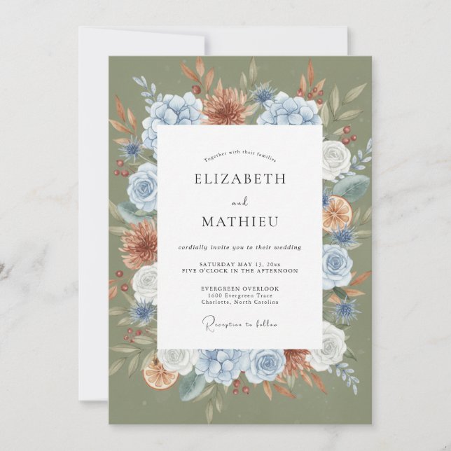 Moss Terracotta Azure Dahlia Wedding Invitation (Front)