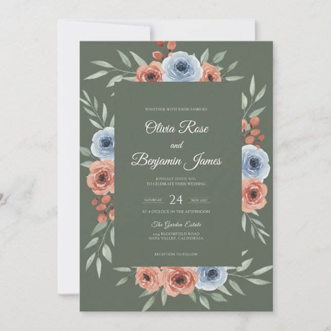 Moss Terracotta Leaf Wedding Invitation (Front)