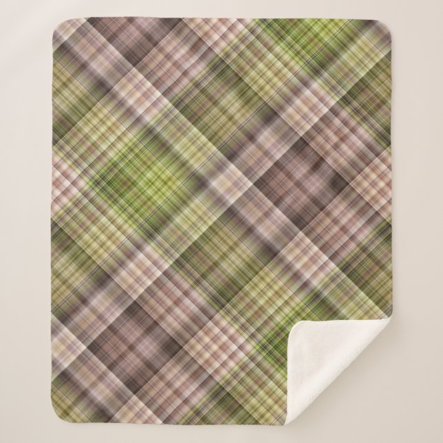 Mossy Bark Brown and Green Plaid Sherpa Blanket (Front)
