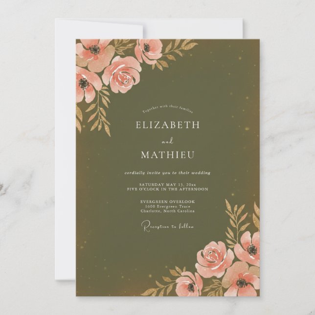 Mossy Coral Painted Wedding Invitation (Front)