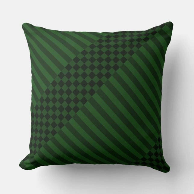 Mossy-Green Stripes & Checkers Cushion (Front)