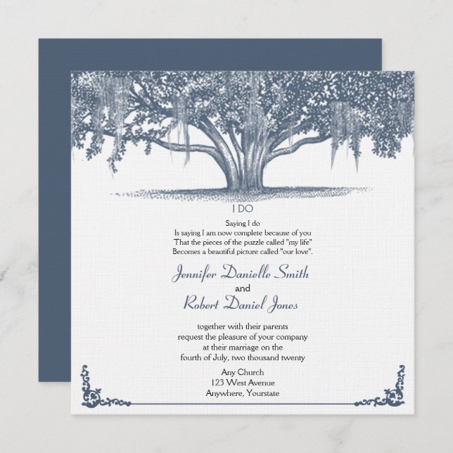 Mossy Oak Tree in Blue Wedding Invitation (Front/Back)