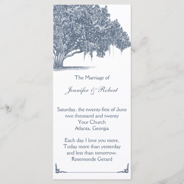 Mossy Oak Tree in Blue Wedding Program Programme (Front)