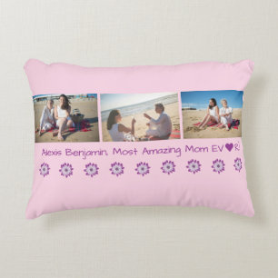 Most Amazing Mum Ever, w/ Heart. Name + 3 Photos  Decorative Cushion