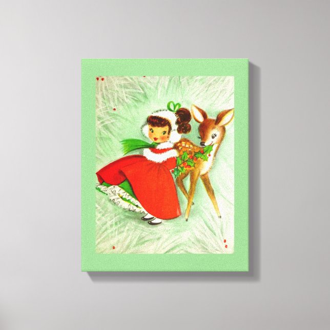 Most Beautiful Vintage Christmas Deer & Girl Canvas Print (Front)