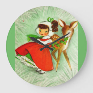 Most Beautiful Vintage Christmas Deer & Girl Large Clock