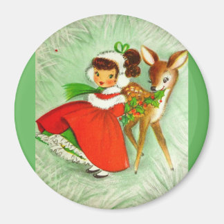 Most Beautiful Vintage Christmas Deer & Girl Magnet