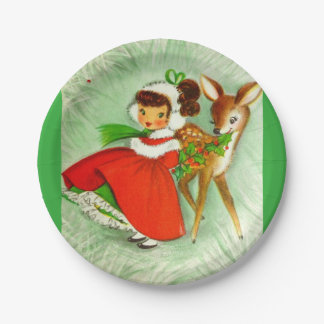 Most Beautiful Vintage Christmas Deer & Girl Paper Plate