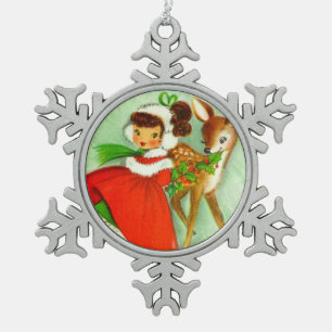 Most Beautiful Vintage Christmas Deer & Girl Snowflake Pewter Christmas Ornament