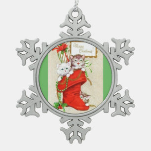Most Beautiful Vintage Christmas Kittens Snowflake Pewter Christmas Ornament