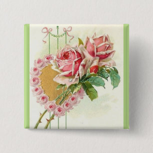 Most Beautiful Vintage Pink Roses and Heart 15 Cm Square Badge
