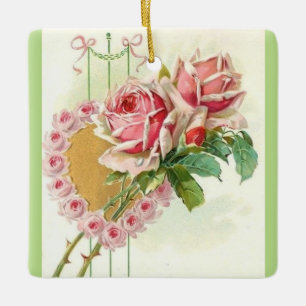 Most Beautiful Vintage Pink Roses and Heart Ceramic Tree Decoration