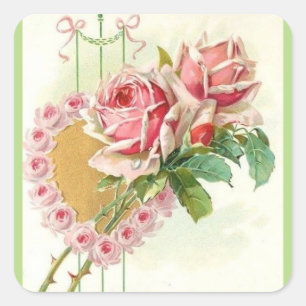 Most Beautiful Vintage Pink Roses and Heart Square Sticker