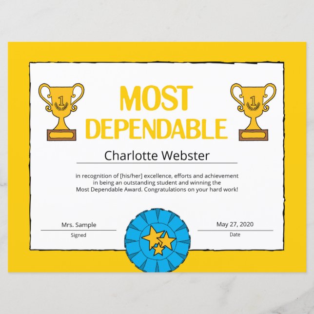 Most Dependable Certificate of Achievement PDF (Front)