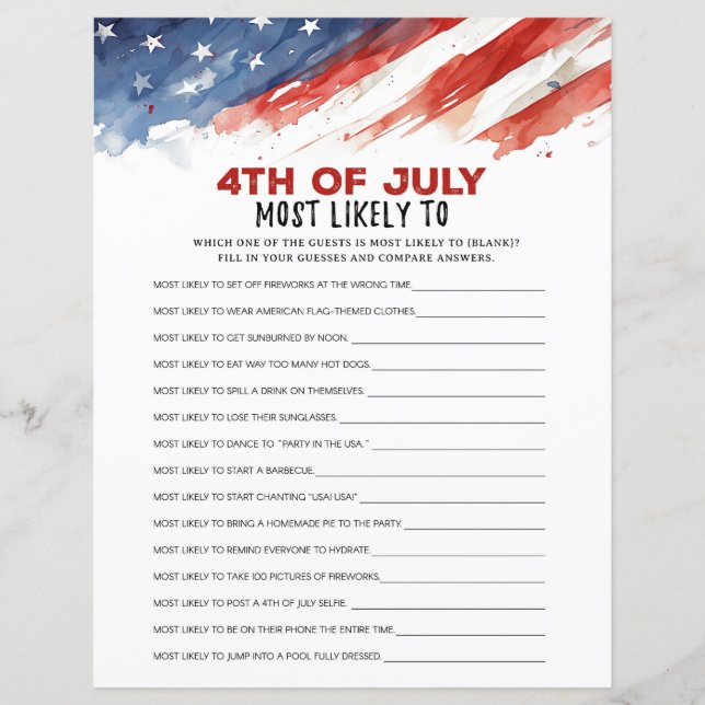 Most Likely To 4th of July Party Game (Front)
