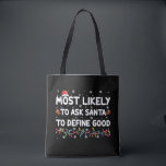 Most Likely To Ask Santa To Define Good Christmas  Tote Bag<br><div class="desc">Most Likely To Ask Santa To Define Good Christmas Lights</div>