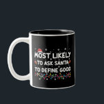 Most Likely To Ask Santa To Define Good Christmas  Two-Tone Coffee Mug<br><div class="desc">Most Likely To Ask Santa To Define Good Christmas Lights</div>