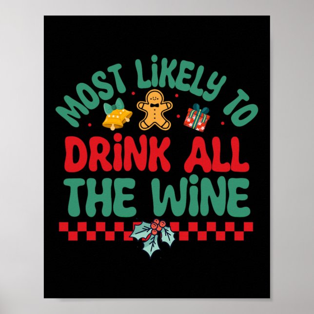 Most Likely To Drink All The Wine Christmas Pajama Poster (Front)