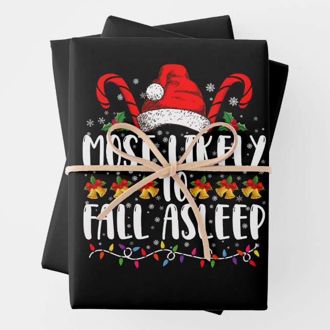 Most Likely To Fall Asleep Christmas Matching Wrapping Paper Sheet (In situ)
