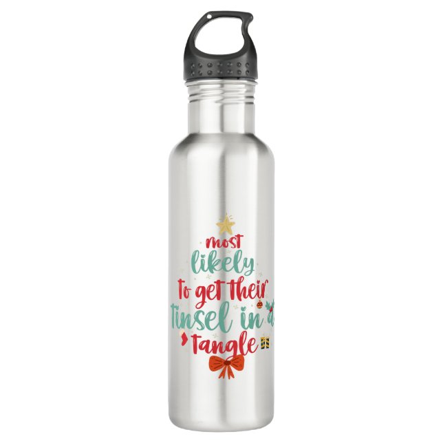 Most Likely To Get Their Tinsel in a Tangle Funny  710 Ml Water Bottle (Front)
