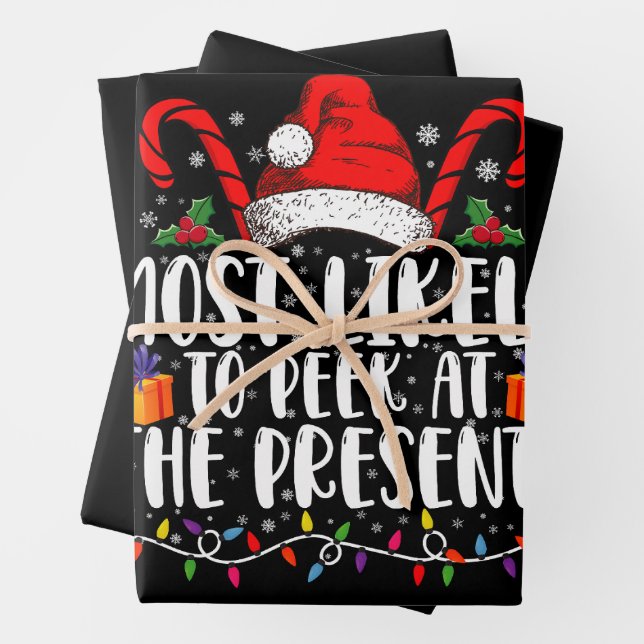 Most Likely To Peek At The Presents Family Xmas Wrapping Paper Sheet (In situ)