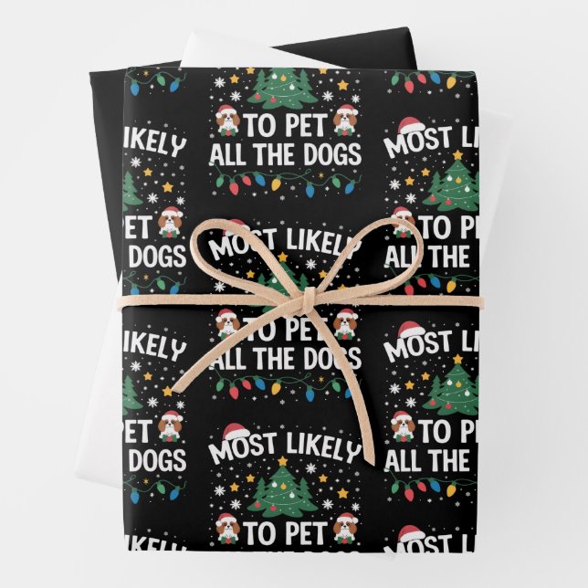 Most Likely to Pet All The Dogs Christmas Family  Wrapping Paper Sheet (In situ)