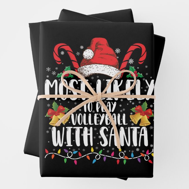 Most Likely To Play Volleyball With Santa Family Wrapping Paper Sheet (In situ)