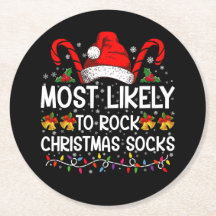 Most Likely To Rock Christmas Socks Funny Xmas Round Paper Coaster