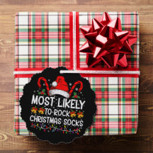 Most Likely To Rock Christmas Socks Funny Xmas Tree Decoration Card