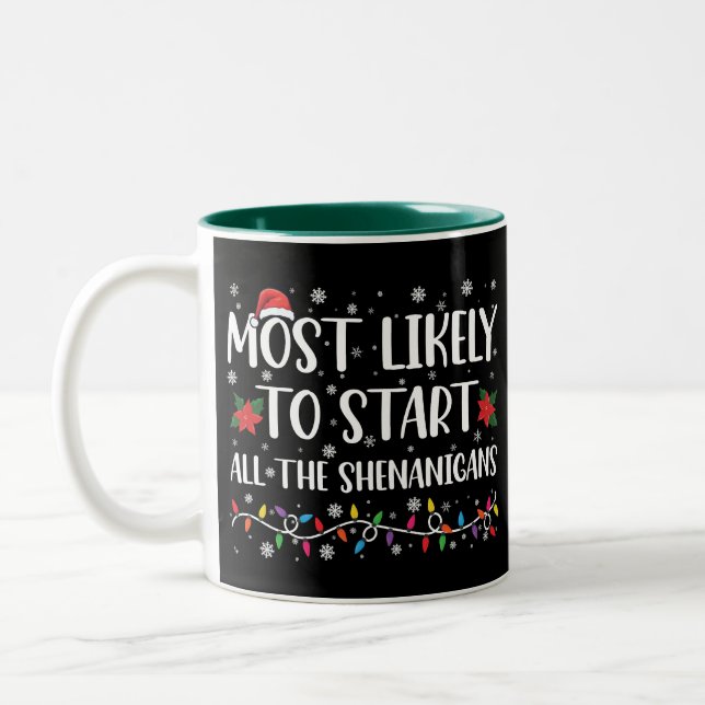 Most Likely To Start The Shenanigans Christmas Two-Tone Coffee Mug (Left)