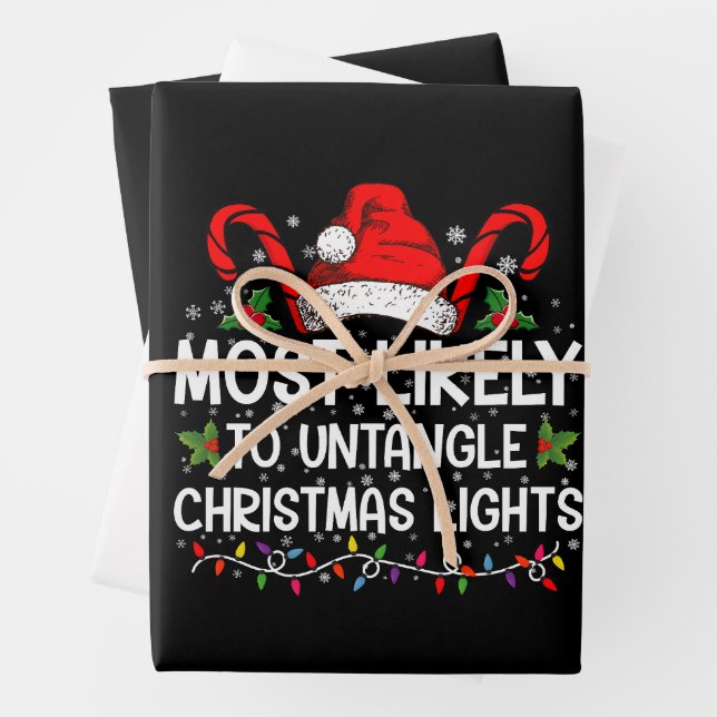 Most Likely To Untangle Christmas Lights Matching Wrapping Paper Sheet (In situ)