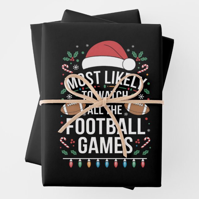 Most Likely To Watch All The Football Games Xmas Wrapping Paper Sheet (In situ)