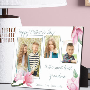 Most Loved Grandma Pink Magnolia 3 Photo Plaque