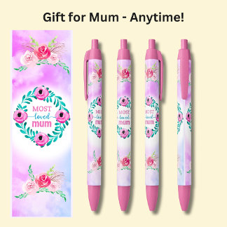 Most Loved Mum, Pink Flowers, Black Ink Pen
