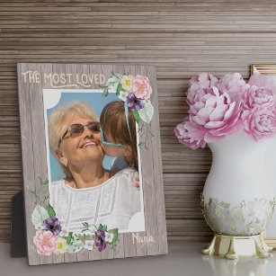 Most Loved Nana - Rustic Watercolor Floral Photo Plaque