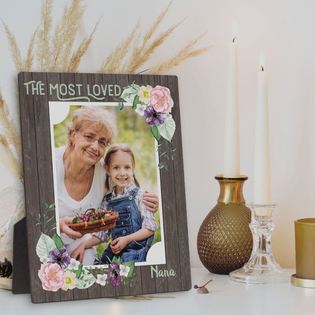 Most Loved Nana - Rustic Wood Floral Photo Plaque (Creator Uploaded)