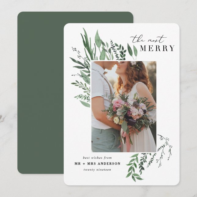 most merry botanical photo newlywed christmas card (Front/Back)