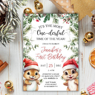 Most ONE-derful Squirrel Christmas 1st Birthday Invitation