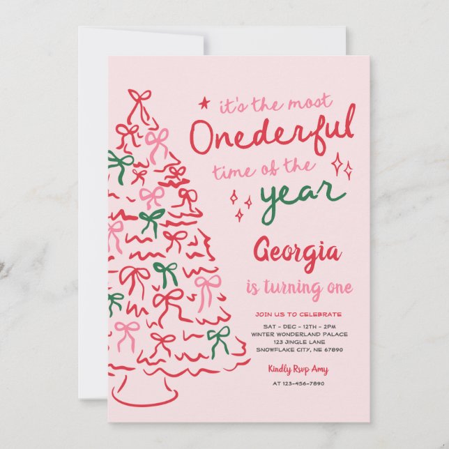 Most Onederful Coquette Bow Christmas 1st Birthday Invitation (Front)