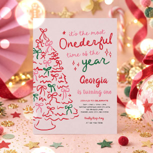 Most Onederful Coquette Bow Christmas 1st Birthday Invitation