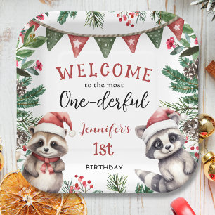 Most ONEderful Raccoon Christmas 1st Birthday Paper Plate