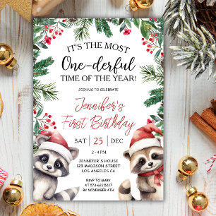 Most ONEderful   Raccoons Christmas 1st Birthday Invitation