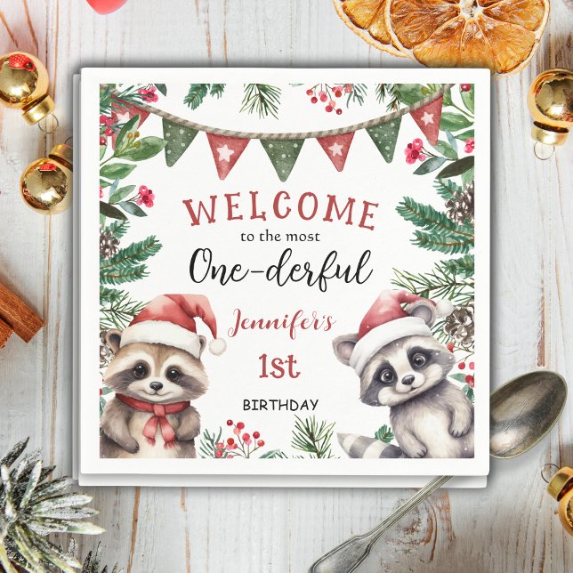 Most ONEderful | Racoon Christmas 1st Birthday Napkin (Creator Uploaded)