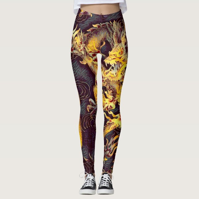Most Popular Chinese Gold Emperor Dragon Dark Art Leggings (Front)