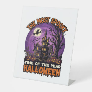 Most Spooky Halloween Haunted House Witch Pumpkins Pedestal Sign