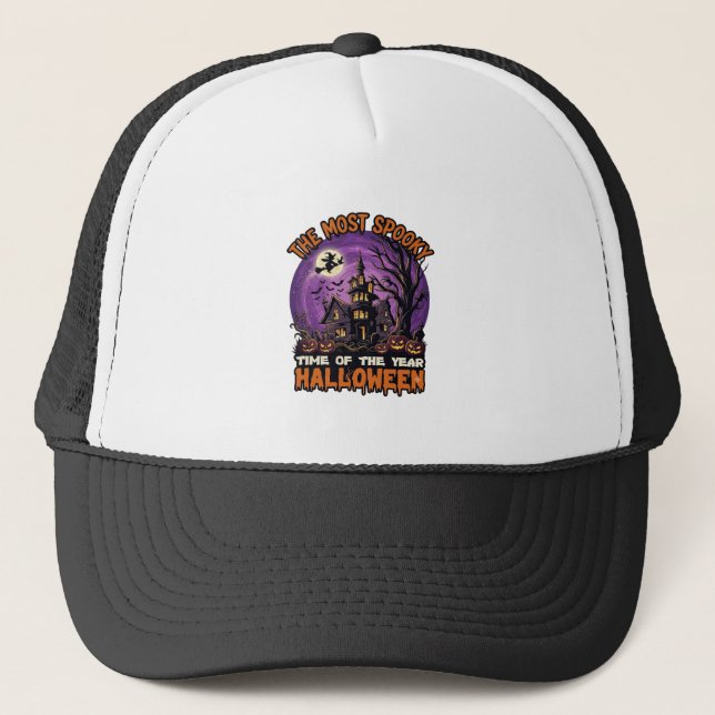 Most Spooky Halloween Haunted House Witch Pumpkins Trucker Hat (Front)