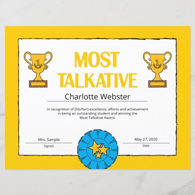 Most Talkative Certificate of Achievement PDF (Front)