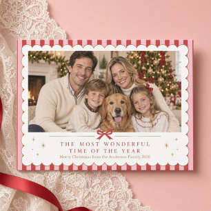 Most Wonderful Christmas Red Pink Bow Family Photo Holiday Card
